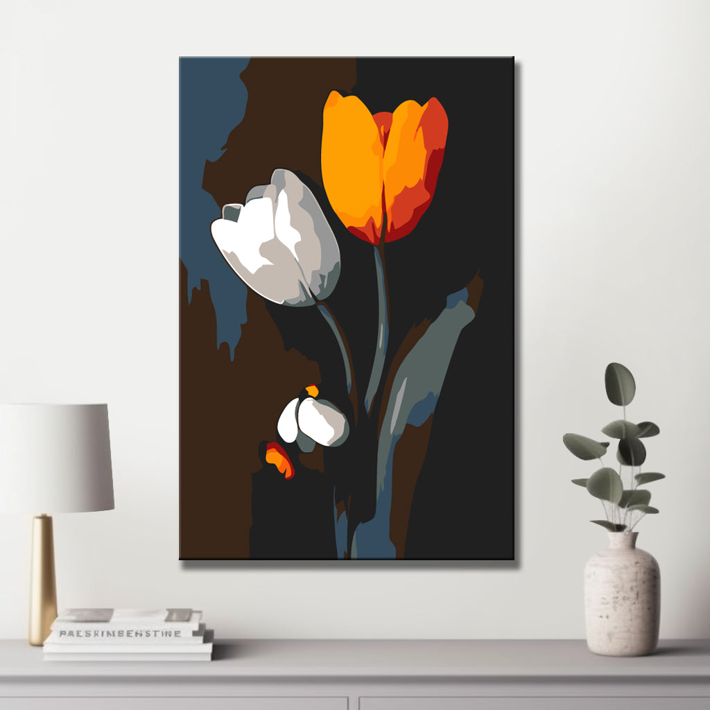 Malen nach Zahlen Orange und weiße Tulpe Schwarzweiss