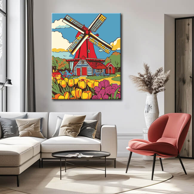 Malen nach Zahlen Niederlande Holland Windmühle Blumen
