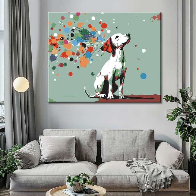 Malen nach Zahlen Kunst Weisser Hund mit bunten Punkten I