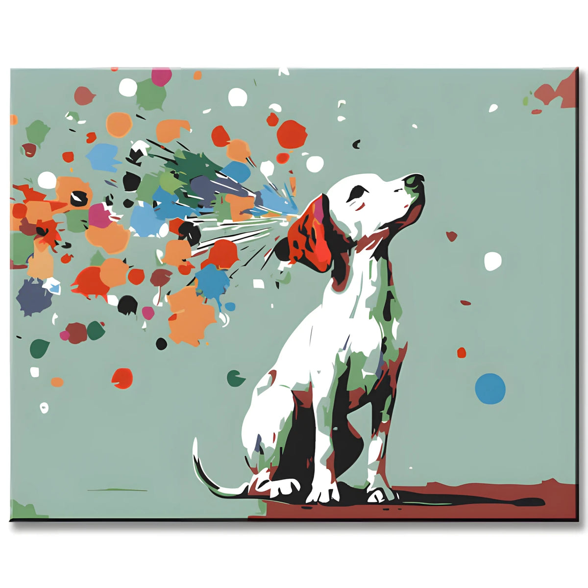 Malen nach Zahlen Kunst Weisser Hund mit bunten Punkten I