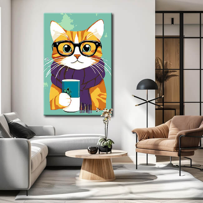 Malen nach Zahlen Kunst Tier Katze mit Lila Schal und Brille