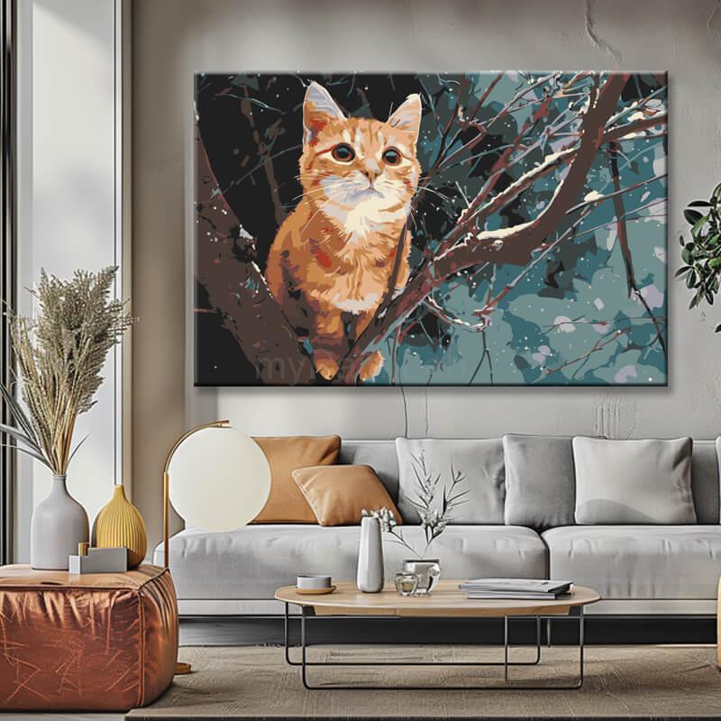 Malen nach Zahlen Kunst Tier orangene Katze klammert am Ast