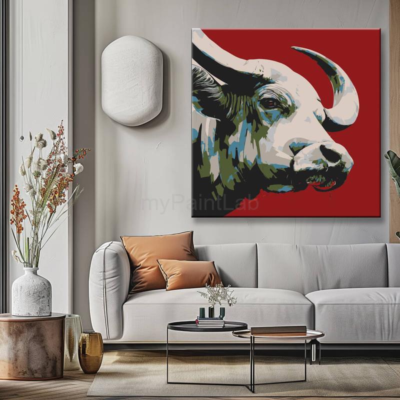 Malen nach Zahlen Kunst Tier Weißer Stier auf rotem Hintergrund