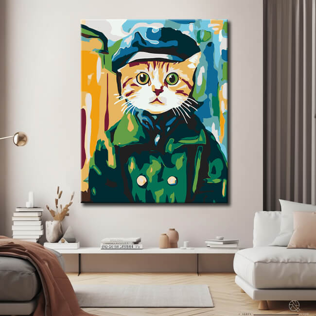 Malen nach Zahlen Katze in Uniform Grüner Mantel Blaue Mütze