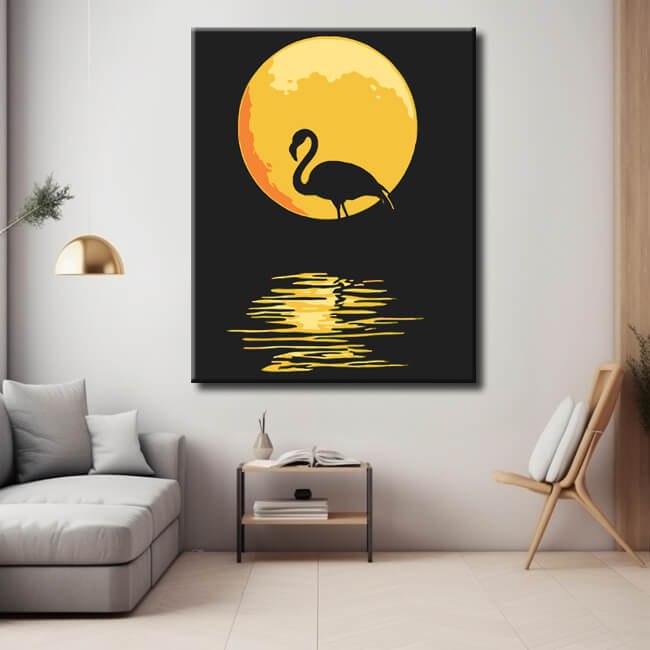 Malen nach Zahlen Kunst Tier Flamingo bei Nacht vor Vollmond