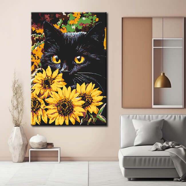 Malen nach Zahlen Schwarze Katze Kunst im Portrait Sonnenblumen