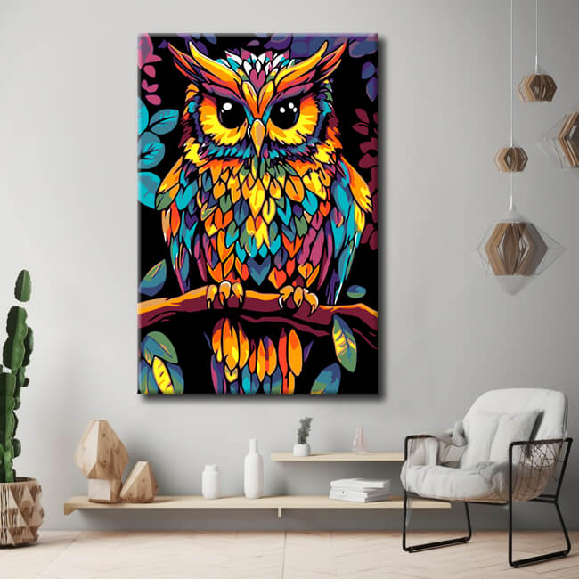 Malen nach Zahlen Vogel Uhu Portrait farbig