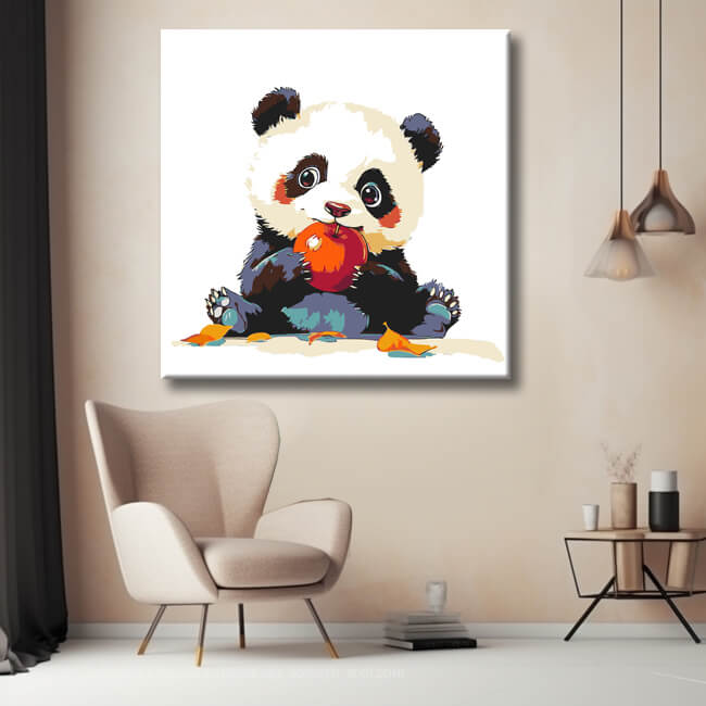 Malen nach Zahlen Baby Panda Kunst mit Apfel