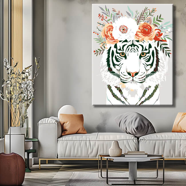Malen nach Zahlen Weißer Tiger mit Blumenschmuck