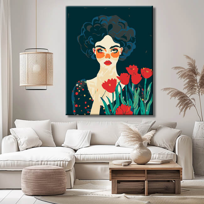 Malen nach Zahlen Moderne Kunst Frau mit roten Tulpen