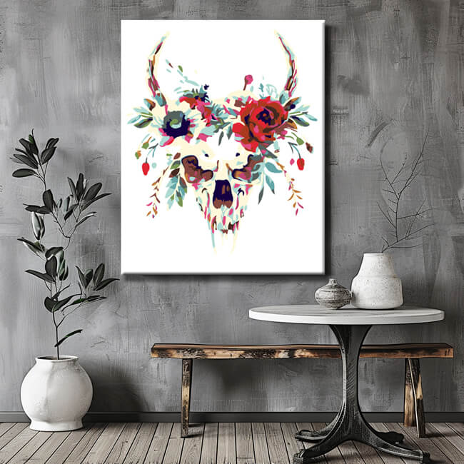 Malen nach Zahlen Totenkopf mit Blumenschmuck