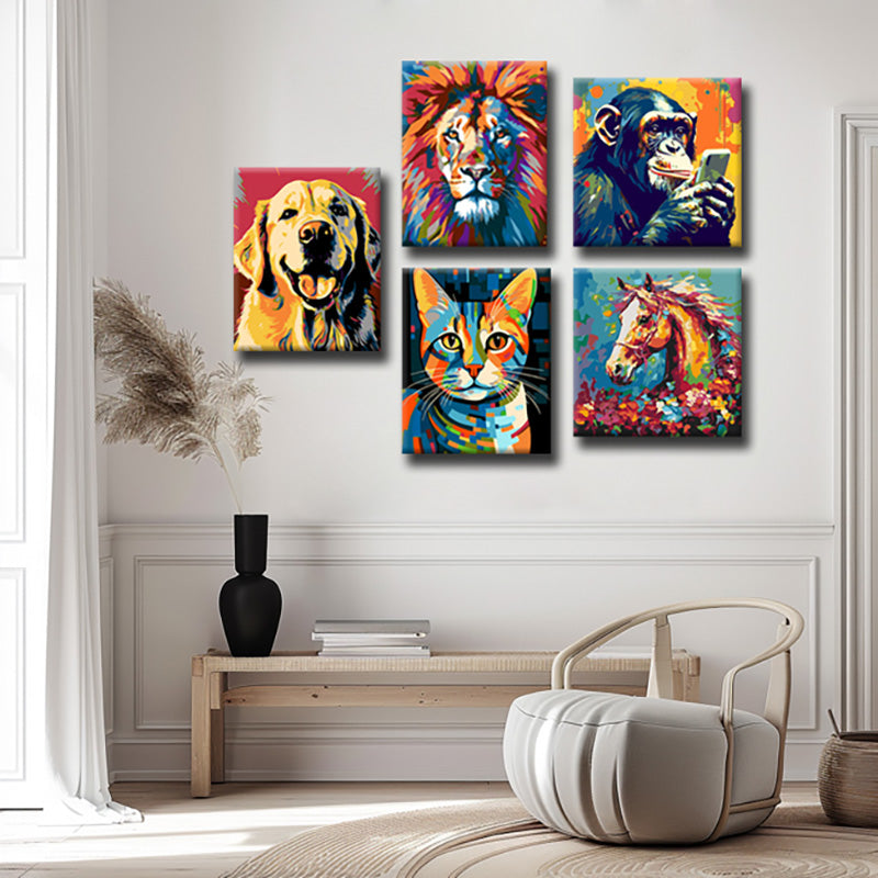 Exklusive Pop-Art Tierporträts  Bunte und Ausdrucksstarke GaleriewandKunst, 5-teilig