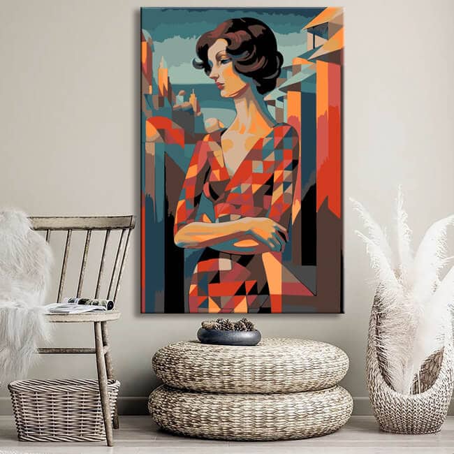 Paint by numbers painting of a woman in a red dress in Kurasov style