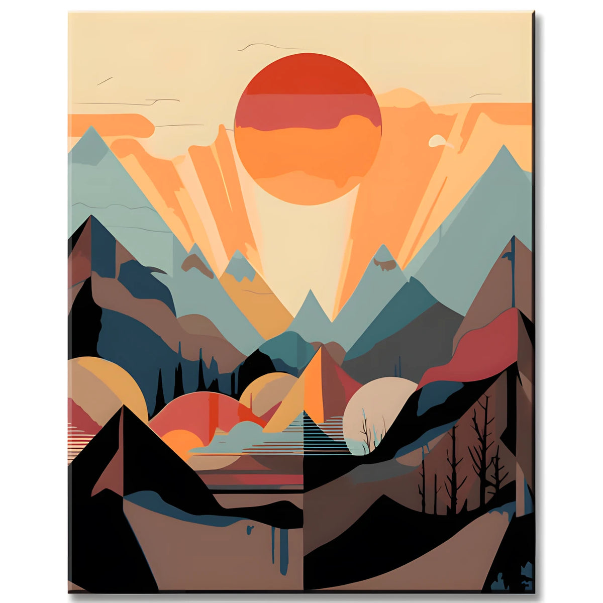 Malen nach Zahlen Landschaftsposter mit Berge und Sonne