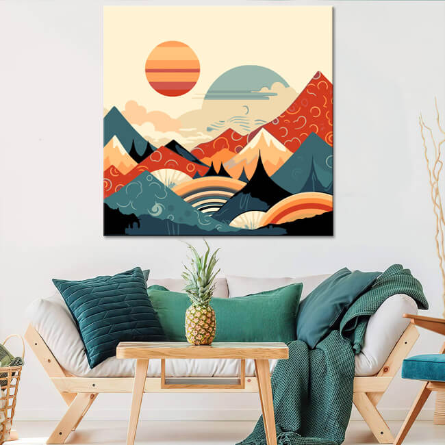 Malen nach Zahlen Poster mit Bergen und einem Sonnenuntergang