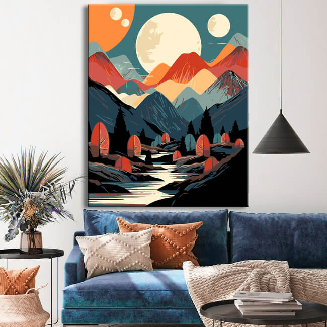 Malen nach Zahlen - Minimalistische Landschaft mit Bergszene in der Nacht