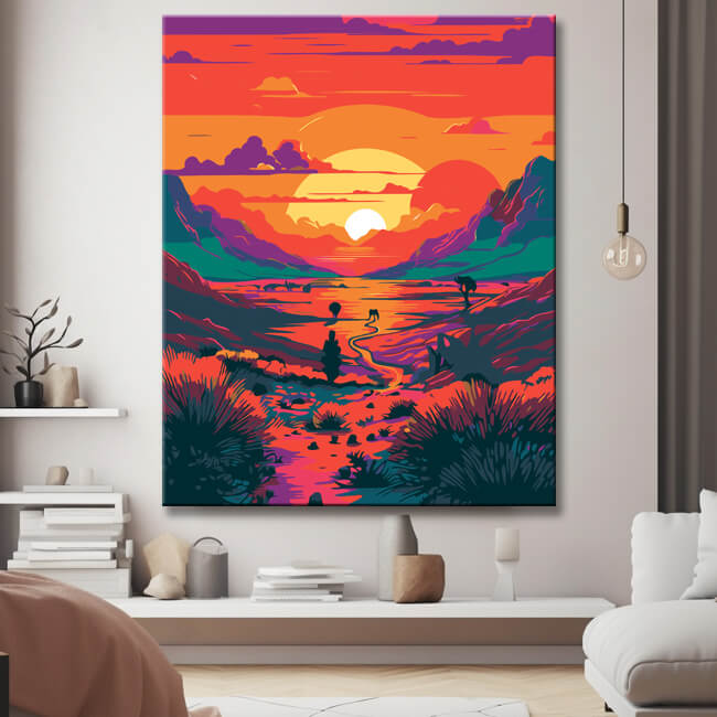 Romantische Wüstenszene bei Sonnenuntergang Malen nach Zahlen