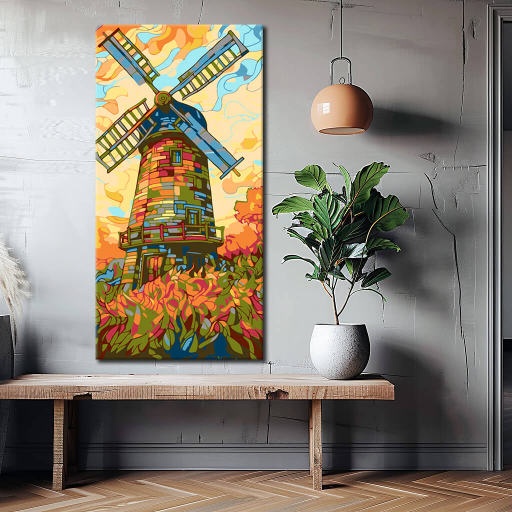 Malen nach Zahlen: Windmühle im Tulpenfeld