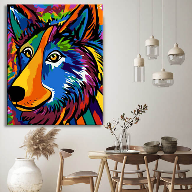 Malen nach Zahlen: Bunter Wolf im Stil von Picasso