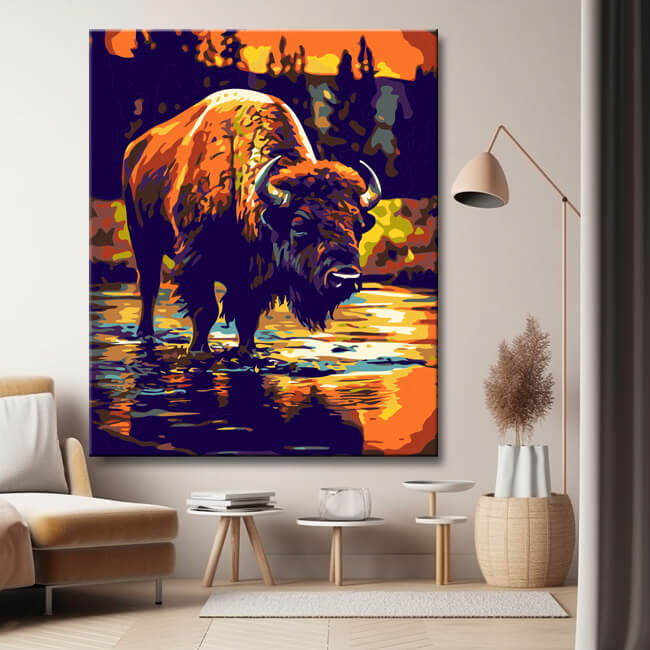 Bison beim Wassertrinken Malen nach Zahlen