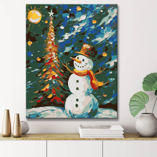 Weihnachtsbaum mit Schneemann - Malen nach Zahlen