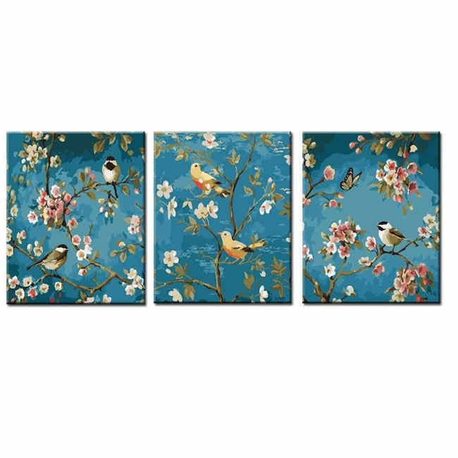 Malen nach Zahlen Bild Frühling Blüten Baum mit Vogel Triptychon