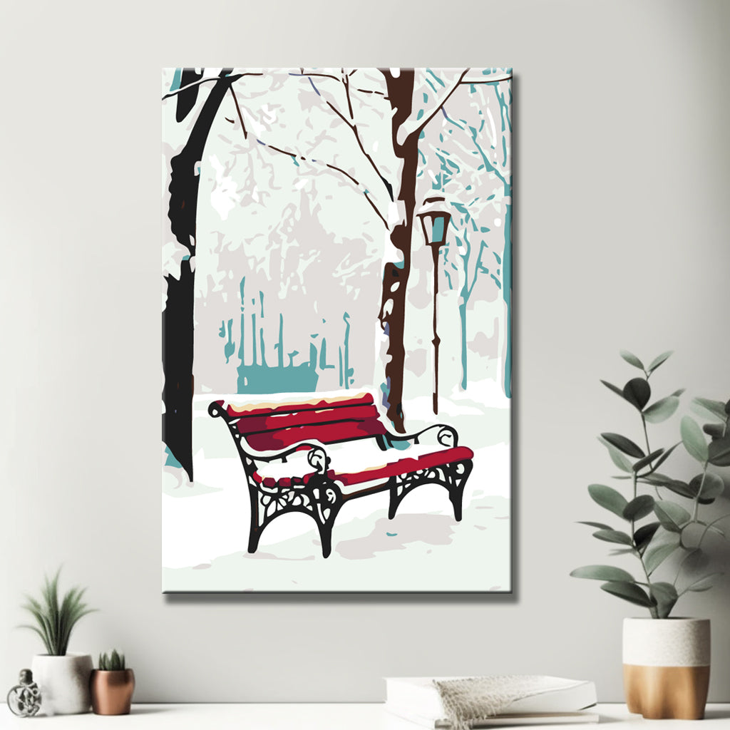 Malen nach Zahlen winter rote parkbank