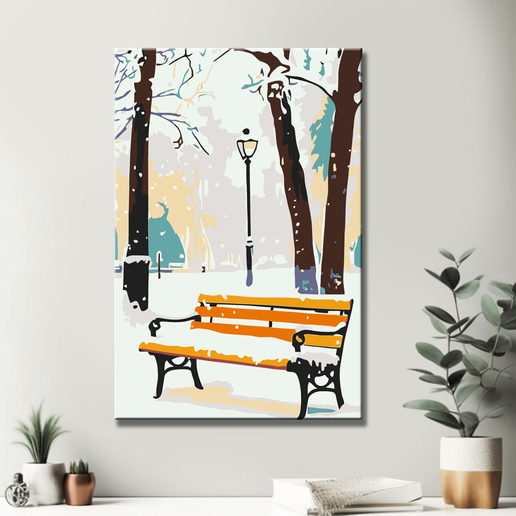 Malen nach Zahlen Winter gelbe Parkbank