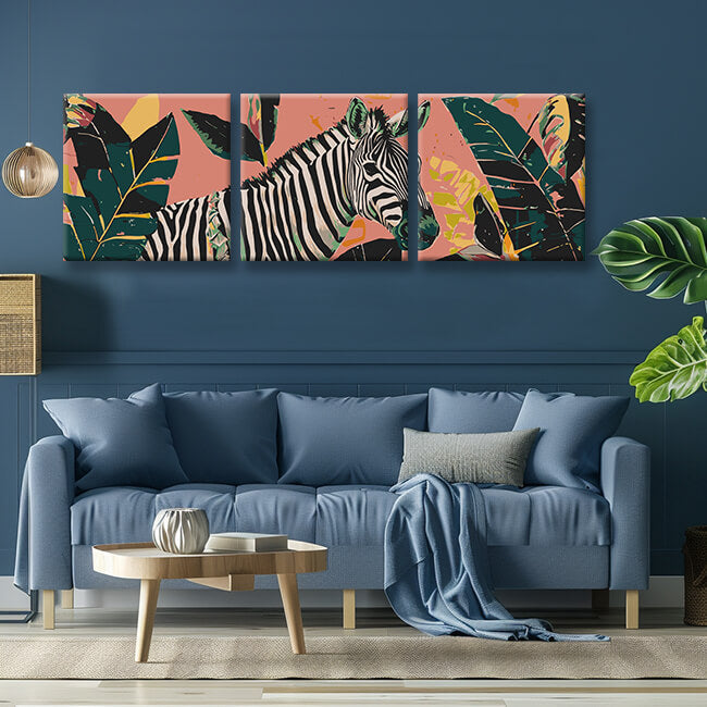 Malen nach Zahlen Triptychon Zebras mit tropischen Blättern 3-teilig