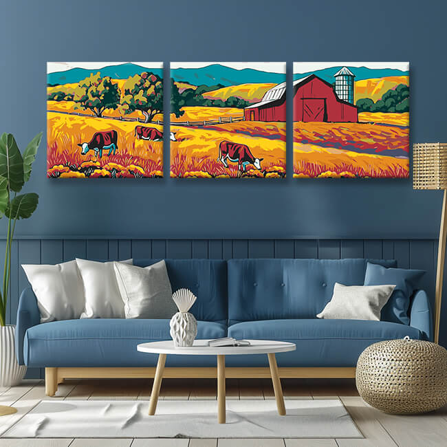 Malen nach Zahlen Triptychon Bauernhof in Landschaft 3-teilig